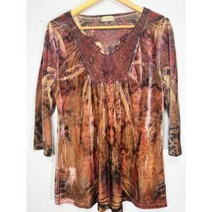 Live and Let Live Boho Velvet Burnout Women Top Earth Tones Size L Fairycore Y2K